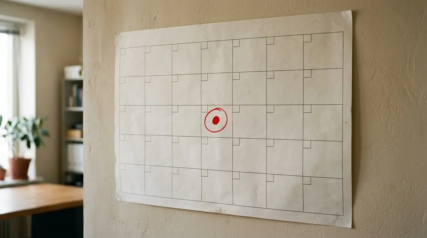 Wandkalender mit einem rot markierten Tag, Aufmerksamkeit als Termin.