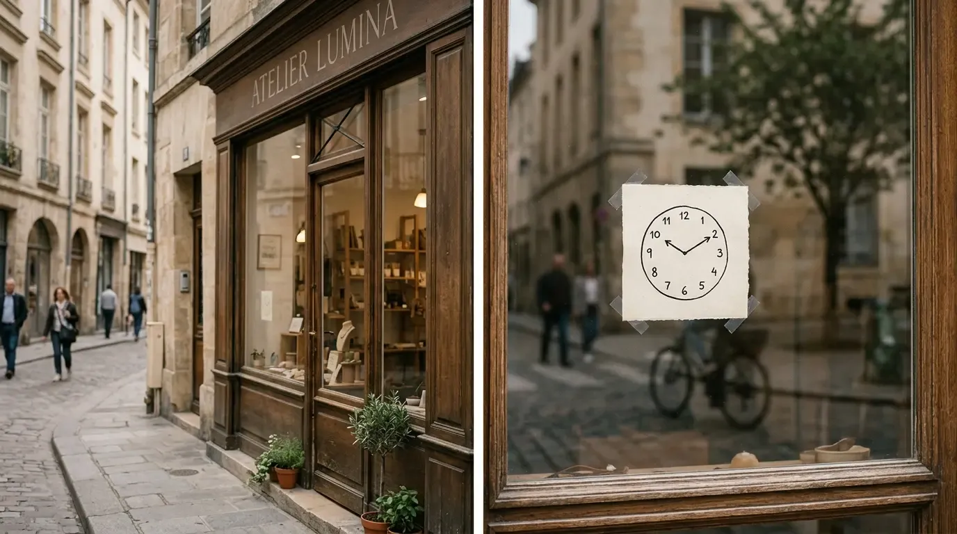 Ladenlokal mit handgezeichnetem Uhr-Schild im Fenster, Einfachheit als Wettbewerbsvorteil.