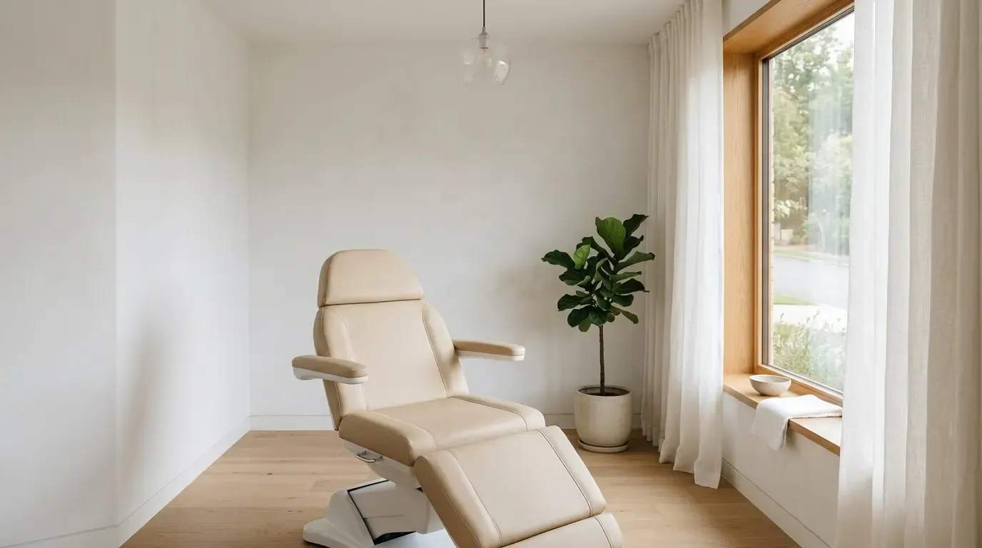 Heller Behandlungsraum einer ästhetischen Klinik, die Ruhe einer guten Nachsorge.