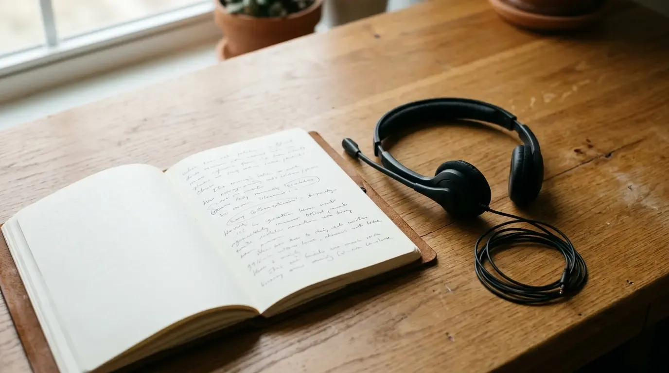 Notizbuch und Headset nebeneinander, KI im Service entlastet statt ersetzt.
