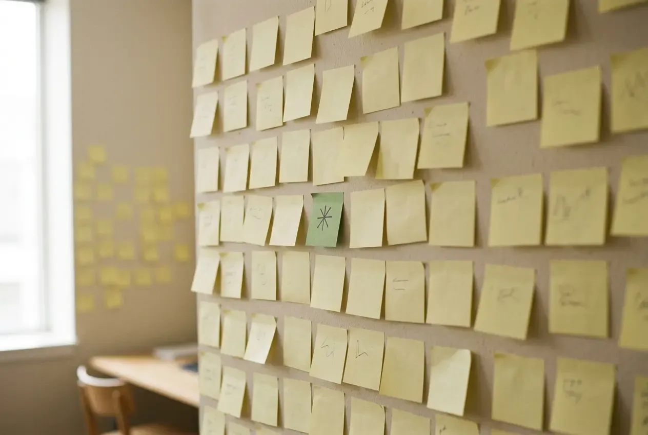 Wand mit Post-its und einem moosgrünen Markierungs-Post-it, Aufmerksamkeit im System.