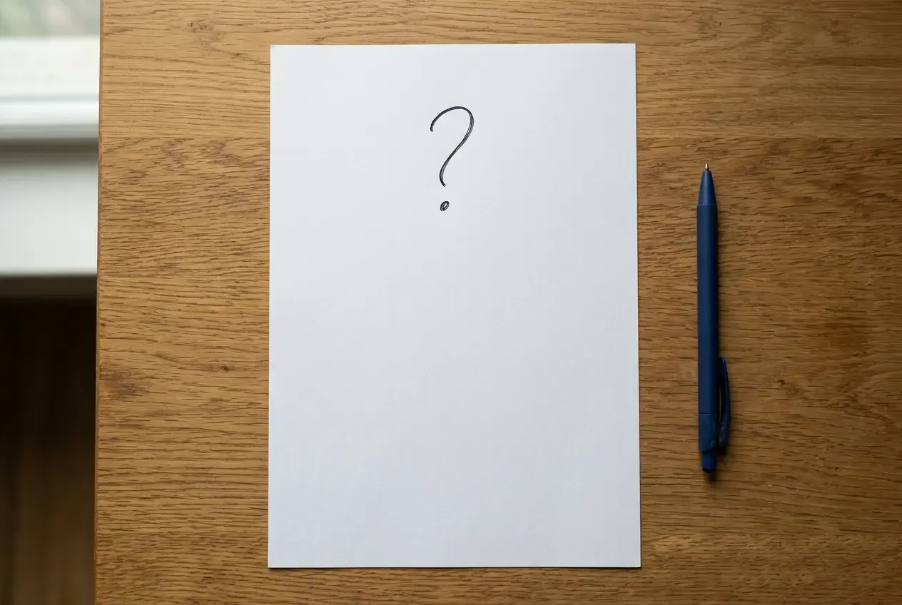 Fragezeichen auf einem leeren Blatt, die richtige Frage vor der Antwort.