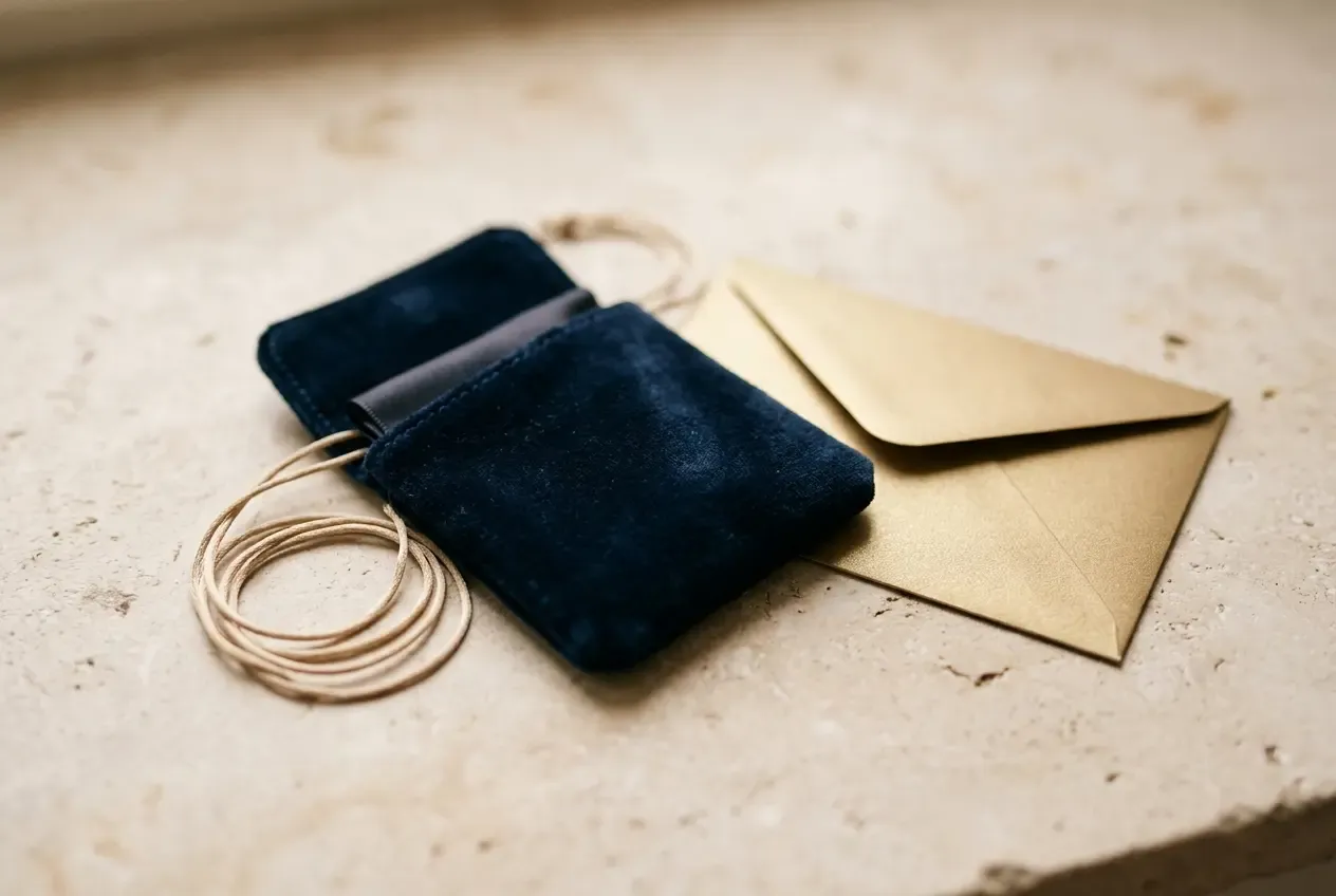 Samtbeutel und unbedruckter goldener Umschlag, Exklusivität als Zurückhaltung.