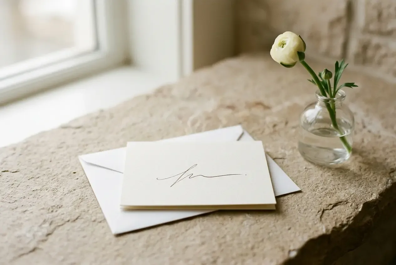 Schlichte Karte mit Signatur-Strich neben einer Blume, Medizin als Beziehung.