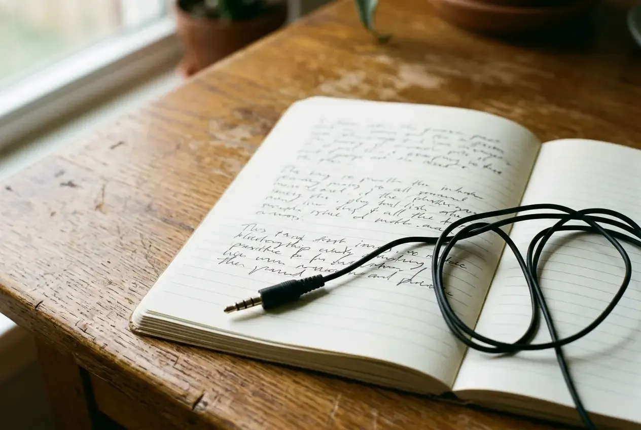 Notizbuch mit angedeuteten Zitat-Zeilen und Audio-Kabel, Zuhören vor Automatisierung.