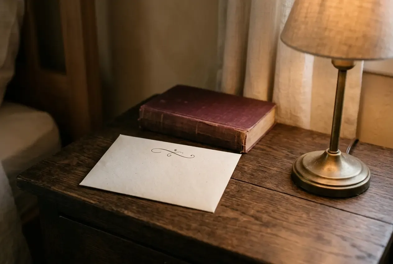 Ungeöffneter Brief auf einem Nachttisch, der Moment vor der Ankunft.