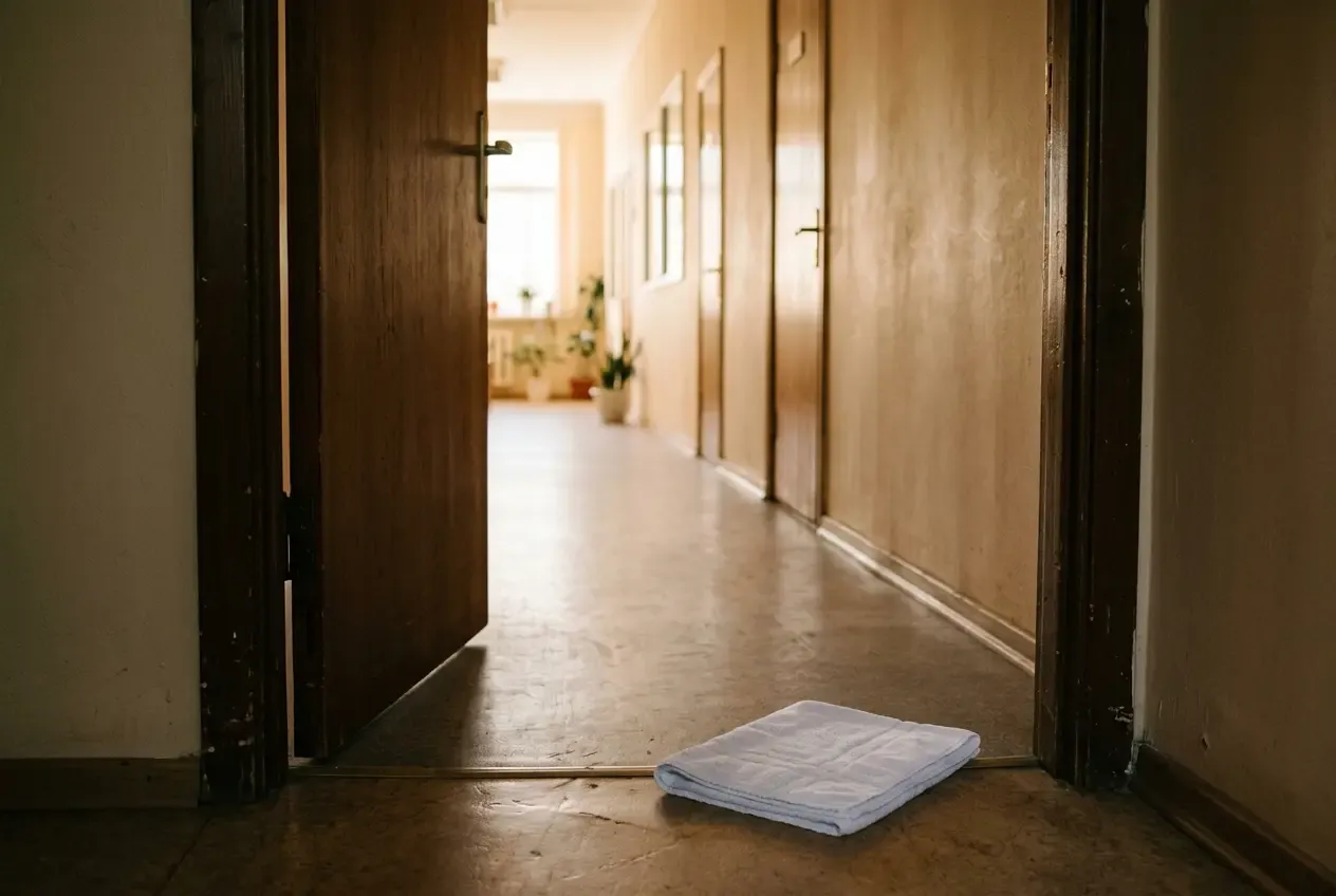 Flur einer Klinik im Übergangslicht, Nachsorge als stiller Schritt.